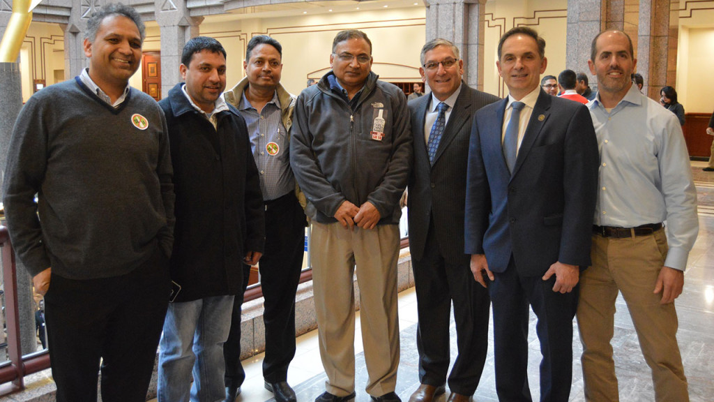 Sen. Fasano and Rep. Yaccarino meet a group of small package store owners from North Haven after testifying in opposition to the governor’s proposal that would hurt small businesses.