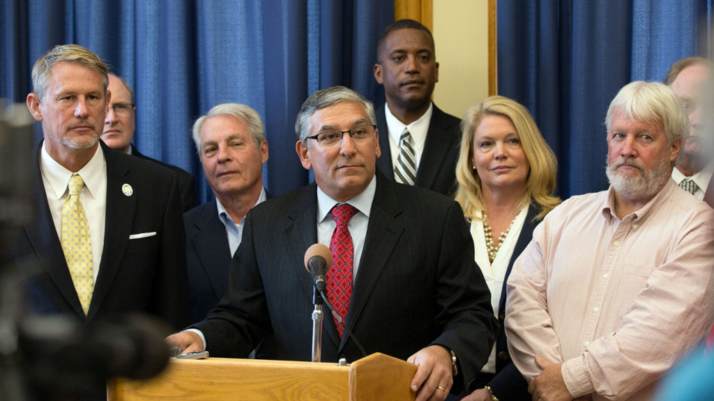 (Left to right) Senate Minority Leader Pro Tempore Kevin Witkos, Senator-elect Len Suzio, Senate Minority Leader Len Fasano, Senator-elect George Logan, Senator-elect Heather Somers, Senator-elect Craig Miner.