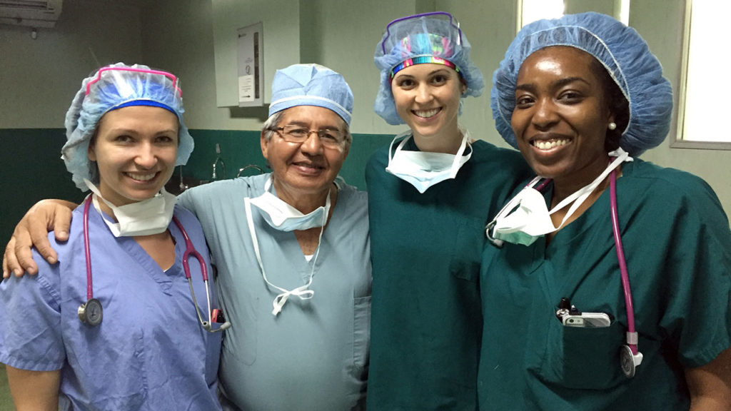 From left, Sarah McDevitt, Dr. Juan Salinas, Rachel Petree and Natalie Hutchinson. McDevitt, Petree and Hutchinson are doctoral students in the nurse anesthesia track at the Quinnipiac University School of Nursing. They traveled to Leon, Nicaragua from March 12-19, where they provided care and gave anesthesia to patients in the city hospital. (Photo by Karita Kack of the Quinnipiac University School of Nursing.)