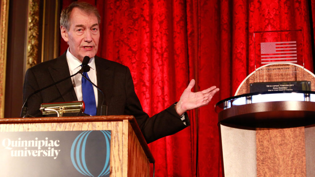 Charlie Rose, anchor/executive editor of the PBS programs "Charlie Rose" and "Charlie Rose: This Week," and co-host of "CBS This Morning," accepted Quinnipiac University’s Fred Friendly First Amendment Award on June 15, during a luncheon ceremony at the Metropolitan Club in New York City. Photo by Mark Von Holden/AP Images for Quinnipiac University