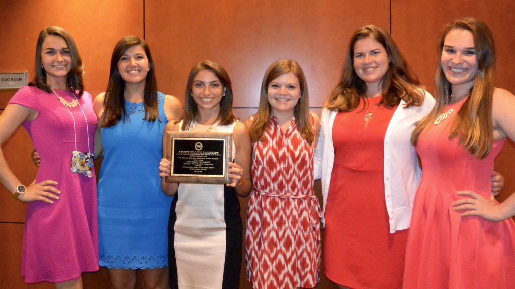 Quinnipiac University’s Future Teachers Organization won the Local Excellence Award June 30 at the National Education Association Student Leadership Conference in Washington, D.C. The Quinnipiac students who accepted the award were, from left to right, Luciana Fohsz of Kings Park. N.Y., Diana Mikelis of Scarsdale, N.Y., Nina Burns of Norwell, Mass., Kayla Thomson of Plantsville, Sami Paradee of Lawrence Township, N.J. and Becky Folz of North Branford.